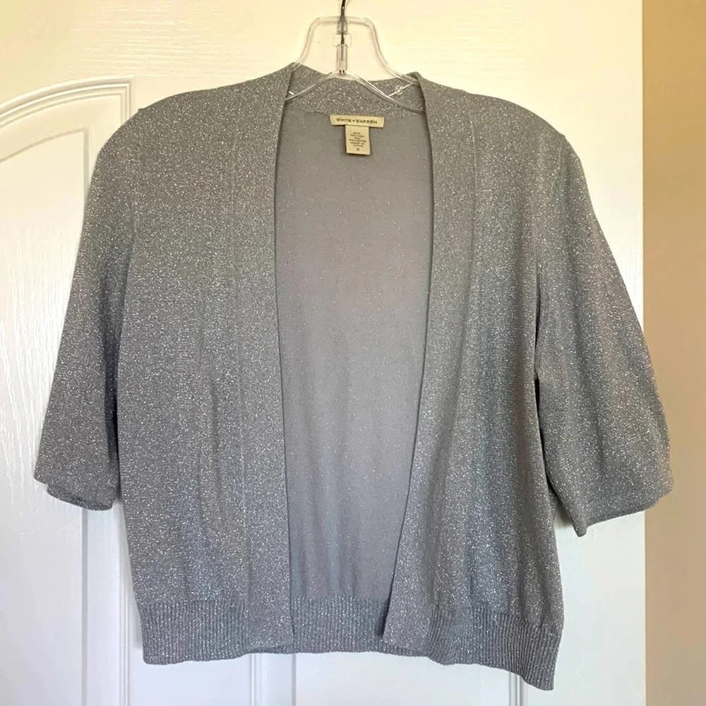 Womens WHITE+WARREN silver buttonless tiny cardigan size small